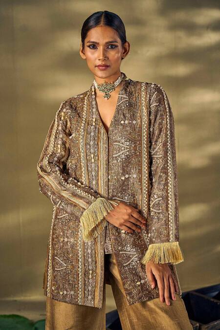 Buy 17:17 By Simmi Saboo Gold Silk Sequins, Pearls, Beads V-neck Floral Embellished Jacket And Pant Set Online at Aza Fashions Buy_17:17 By Simmi Saboo_Gold Silk Sequins, Pearls, Beads V-neck Floral Embellished Jacket And Pant Set _Online_at_Aza_Fashions