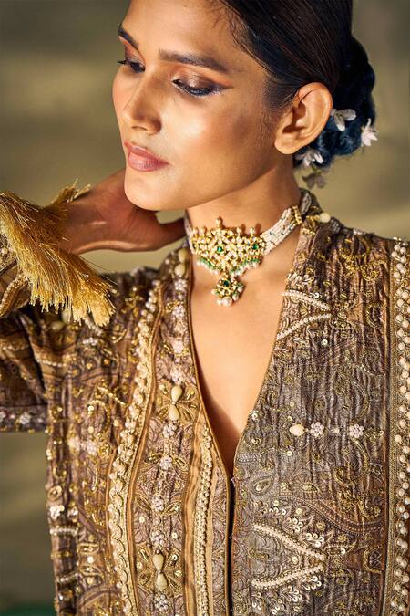 Shop 17:17 By Simmi Saboo Gold Silk Sequins, Pearls, Beads V-neck Floral Embellished Jacket And Pant Set Online at Aza Fashions Shop_17:17 By Simmi Saboo_Gold Silk Sequins, Pearls, Beads V-neck Floral Embellished Jacket And Pant Set _Online_at_Aza_Fashions