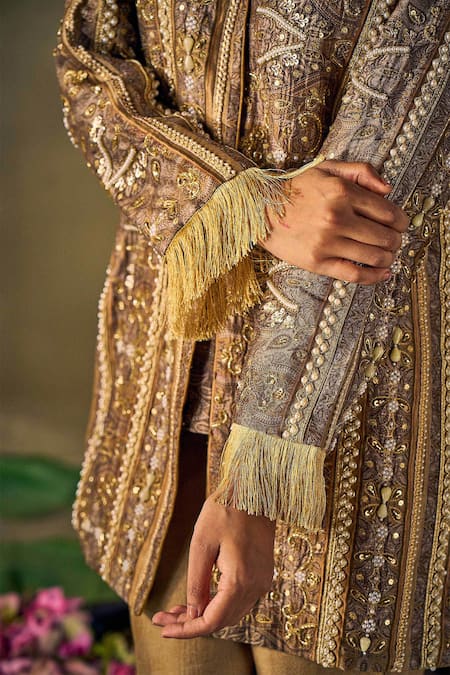 17:17 By Simmi Saboo Gold Silk Sequins, Pearls, Beads V-neck Floral Embellished Jacket And Pant Set at Aza Fashions 17:17 By Simmi Saboo_Gold Silk Sequins, Pearls, Beads V-neck Floral Embellished Jacket And Pant Set _at_Aza_Fashions