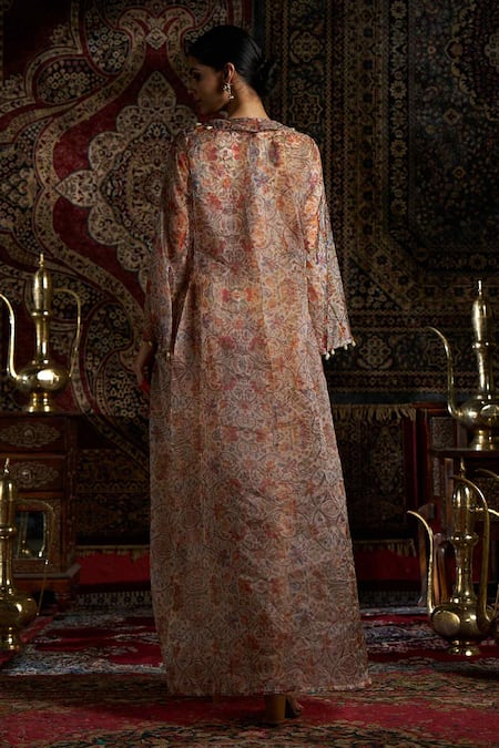 Shop 17:17 By Simmi Saboo Beige Silk, Organza Embroidery Open Neck, Floral Veil Printed Jacket And Pant Set at Aza Fashions Shop_17:17 By Simmi Saboo_Beige Silk, Organza Embroidery Open Neck, Floral Veil Printed Jacket And Pant Set _at_Aza_Fashions