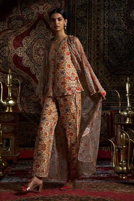 17:17 By Simmi Saboo Beige Silk, Organza Embroidery Open Neck, Floral Veil Printed Jacket And Pant Set Online at Aza Fashions 17:17 By Simmi Saboo_Beige Silk, Organza Embroidery Open Neck, Floral Veil Printed Jacket And Pant Set _Online_at_Aza_Fashions