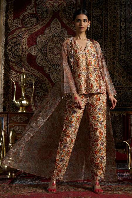 Buy 17:17 By Simmi Saboo Beige Silk, Organza Embroidery Open Neck, Floral Veil Printed Jacket And Pant Set Online at Aza Fashions Buy_17:17 By Simmi Saboo_Beige Silk, Organza Embroidery Open Neck, Floral Veil Printed Jacket And Pant Set _Online_at_Aza_Fashions