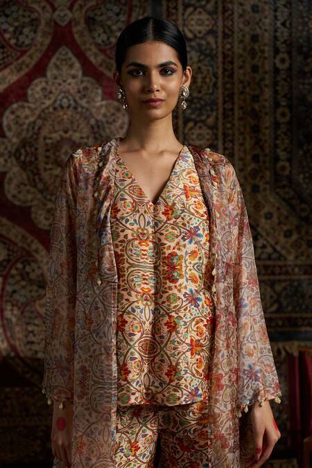 Shop 17:17 By Simmi Saboo Beige Silk, Organza Embroidery Open Neck, Floral Veil Printed Jacket And Pant Set Online at Aza Fashions Shop_17:17 By Simmi Saboo_Beige Silk, Organza Embroidery Open Neck, Floral Veil Printed Jacket And Pant Set _Online_at_Aza_Fashions