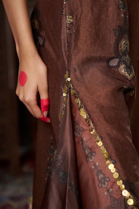 Buy_17:17 By Simmi Saboo_Brown Silk, Organza Tassels Halter Neck Floral Print Jumpsuit _Online_at_Aza_Fashions