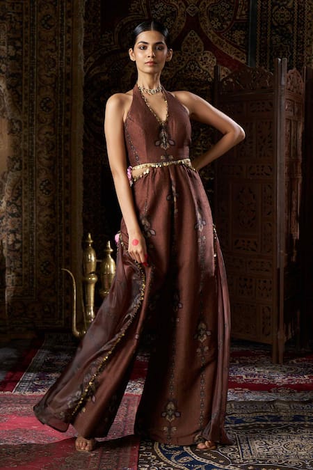 17:17 By Simmi Saboo_Brown Silk, Organza Tassels Halter Neck Floral Print Jumpsuit _at_Aza_Fashions