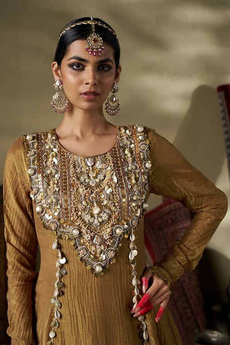 17:17 By Simmi Saboo_Gold Crepe Pearls, Embroidery Round Neck Floral Embellished Anarkali _Online_at_Aza_Fashions