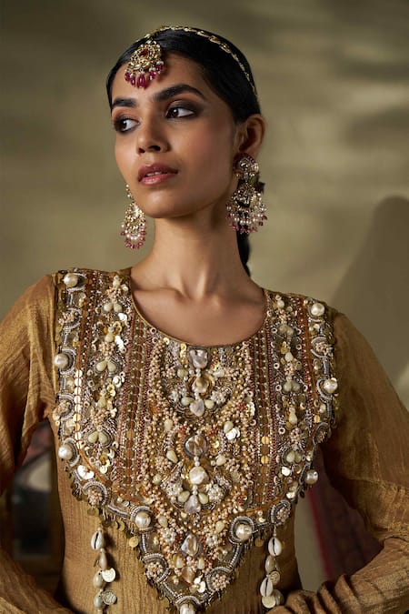 Buy_17:17 By Simmi Saboo_Gold Crepe Pearls, Embroidery Round Neck Floral Embellished Anarkali _Online_at_Aza_Fashions
