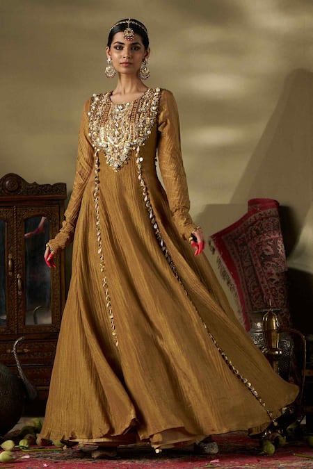 Shop_17:17 By Simmi Saboo_Gold Crepe Pearls, Embroidery Round Neck Floral Embellished Anarkali _Online_at_Aza_Fashions