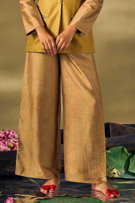 17:17 By Simmi Saboo_Gold Raw Silk Embellished Sequin Notched Lapel Blazer And Pant Set _Online_at_Aza_Fashions