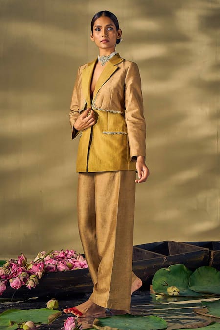 Buy_17:17 By Simmi Saboo_Gold Raw Silk Embellished Sequin Notched Lapel Blazer And Pant Set _Online_at_Aza_Fashions