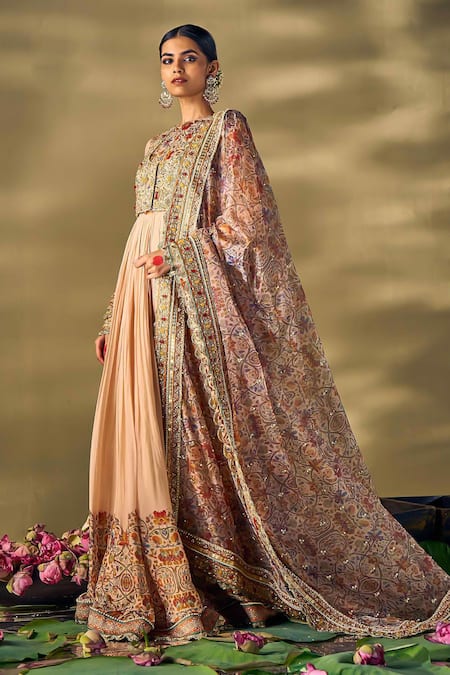 17:17 By Simmi Saboo_Beige Silk, Organza Embroidery, Sequins Round Floral Embellished Anarkali Set _Online_at_Aza_Fashions