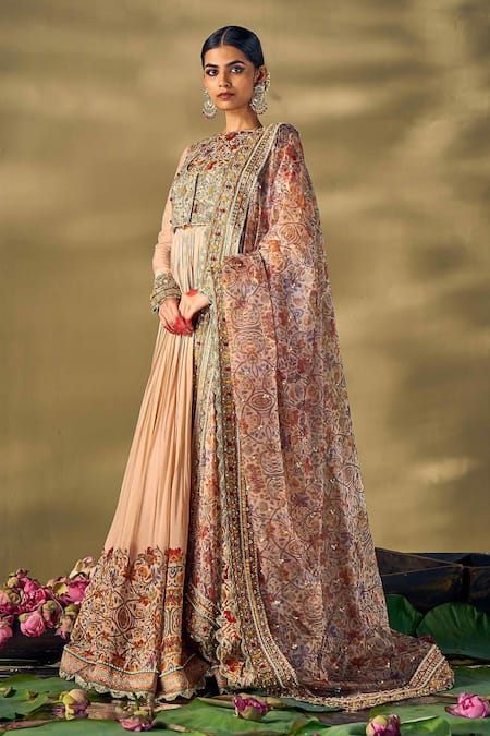 Buy_17:17 By Simmi Saboo_Beige Silk, Organza Embroidery, Sequins Round Floral Embellished Anarkali Set _Online_at_Aza_Fashions