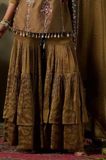 17:17 By Simmi Saboo_Gold Silk, Organza Pearls, Sequins, Beads Floral Embellished Peplum Kurta Set _Online_at_Aza_Fashions