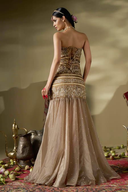 17:17 By Simmi Saboo Gold Floral Bead Embellished Gown 