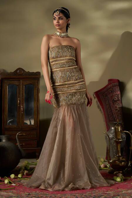 17:17 By Simmi Saboo Gold Silk, Organza Pearls, Beads Off-shoulder Floral Embellished Gown Online at Aza Fashions 17:17 By Simmi Saboo_Gold Silk, Organza Pearls, Beads Off-shoulder Floral Embellished Gown _Online_at_Aza_Fashions