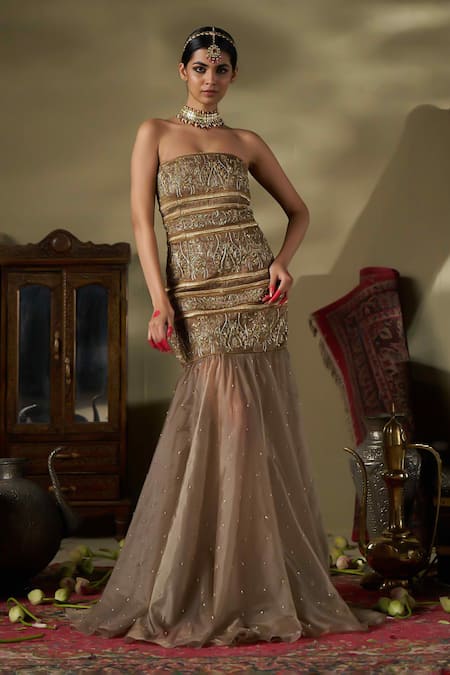 Buy 17:17 By Simmi Saboo Gold Silk, Organza Pearls, Beads Off-shoulder Floral Embellished Gown Online at Aza Fashions Buy_17:17 By Simmi Saboo_Gold Silk, Organza Pearls, Beads Off-shoulder Floral Embellished Gown _Online_at_Aza_Fashions