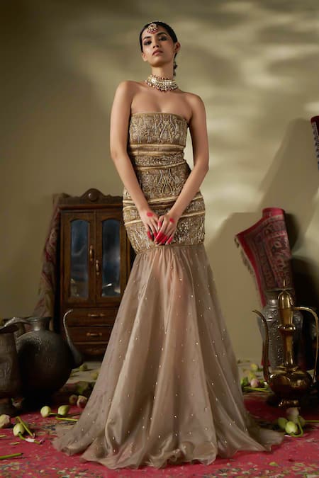 17:17 By Simmi Saboo Gold Silk, Organza Pearls, Beads Off-shoulder Floral Embellished Gown at Aza Fashions 17:17 By Simmi Saboo_Gold Silk, Organza Pearls, Beads Off-shoulder Floral Embellished Gown _at_Aza_Fashions