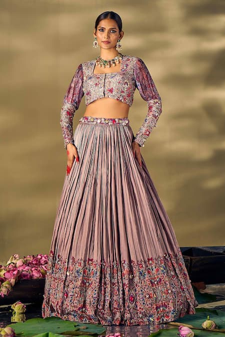 17:17 By Simmi Saboo_Purple Silk, Organza Beads, Sequins, Pearls, Floral Embellished Lehenga Set _Online_at_Aza_Fashions