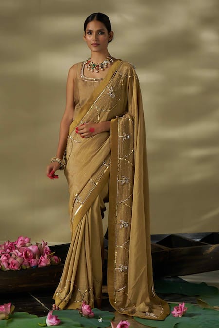 17:17 By Simmi Saboo Floral Embellished Gold Saree & Corset Blouse 