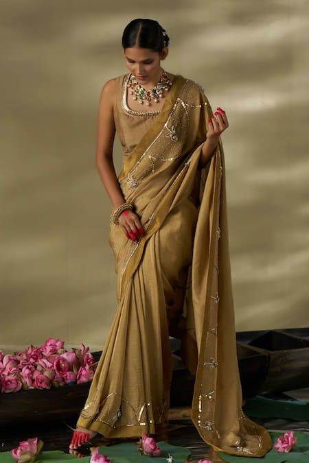17:17 By Simmi Saboo_Gold Silk, Crepe Pearls, Sequins, Floral Embellished Saree And Corset Blouse _Online_at_Aza_Fashions