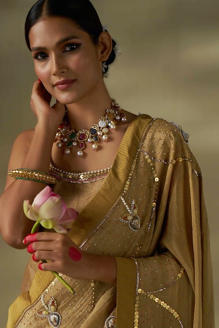 Buy_17:17 By Simmi Saboo_Gold Silk, Crepe Pearls, Sequins, Floral Embellished Saree And Corset Blouse _Online_at_Aza_Fashions