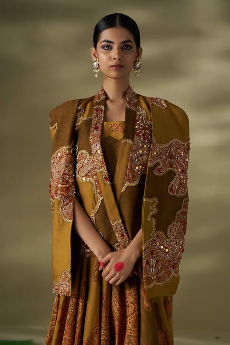 17:17 By Simmi Saboo_Gold Raw Silk Embellished Pearl Jumpsuit Square And Jacket Set _Online_at_Aza_Fashions