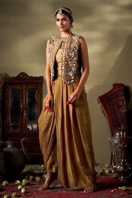 17:17 By Simmi Saboo Gold Shell Embellished Jacket & Pant Set 