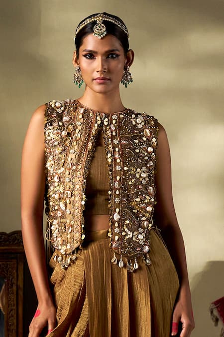 17:17 By Simmi Saboo_Gold Silk Pearls, Sequins High Neck Shell Embellished Jacket And Pant Set _Online_at_Aza_Fashions
