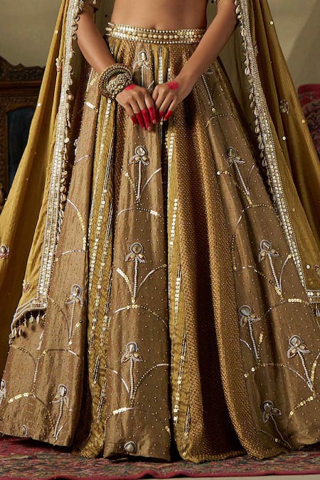17:17 By Simmi Saboo_Gold Silk, Crepe Pearls, Beads, Sequins, Cut Work Embellished Lehenga Set _Online_at_Aza_Fashions