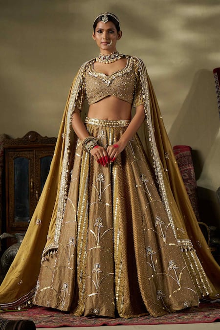 Buy_17:17 By Simmi Saboo_Gold Silk, Crepe Pearls, Beads, Sequins, Cut Work Embellished Lehenga Set _Online_at_Aza_Fashions