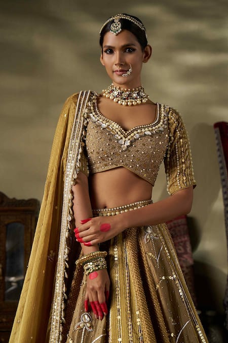 Shop_17:17 By Simmi Saboo_Gold Silk, Crepe Pearls, Beads, Sequins, Cut Work Embellished Lehenga Set _Online_at_Aza_Fashions