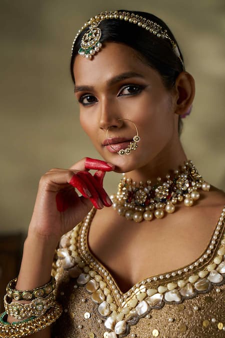 17:17 By Simmi Saboo_Gold Silk, Crepe Pearls, Beads, Sequins, Cut Work Embellished Lehenga Set _at_Aza_Fashions