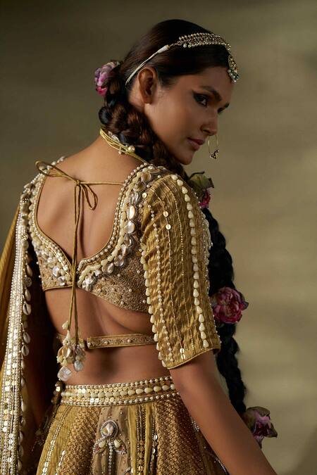 Buy_17:17 By Simmi Saboo_Gold Silk, Crepe Pearls, Beads, Sequins, Cut Work Embellished Lehenga Set 