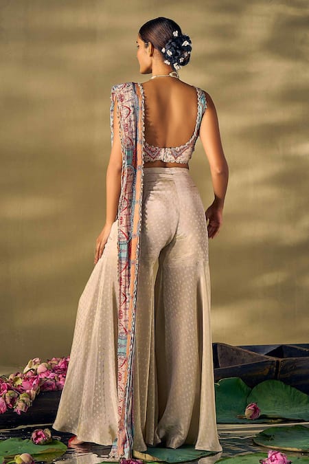 17:17 By Simmi Saboo Beige Floral Embellished Sharara Saree Set 