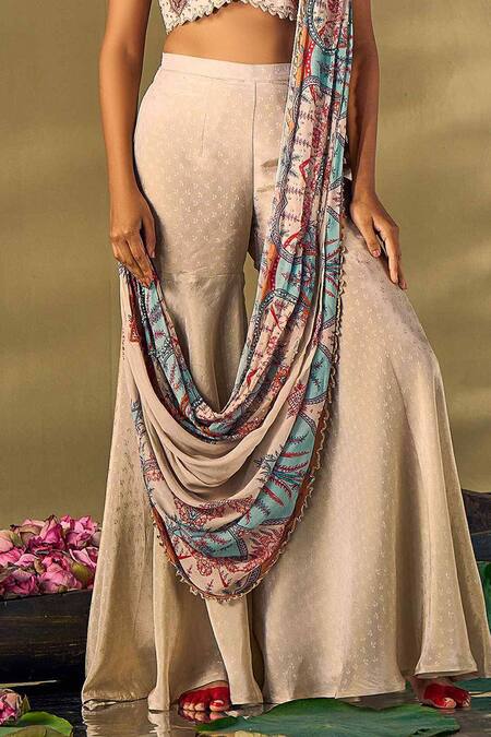17:17 By Simmi Saboo_Beige Organza, Silk Sequins, Beads, Pearls Floral Embellished Sharara Saree Set _Online_at_Aza_Fashions