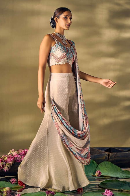 Shop_17:17 By Simmi Saboo_Beige Organza, Silk Sequins, Beads, Pearls Floral Embellished Sharara Saree Set _Online_at_Aza_Fashions