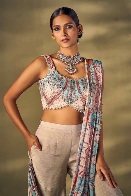 17:17 By Simmi Saboo_Beige Organza, Silk Sequins, Beads, Pearls Floral Embellished Sharara Saree Set _at_Aza_Fashions