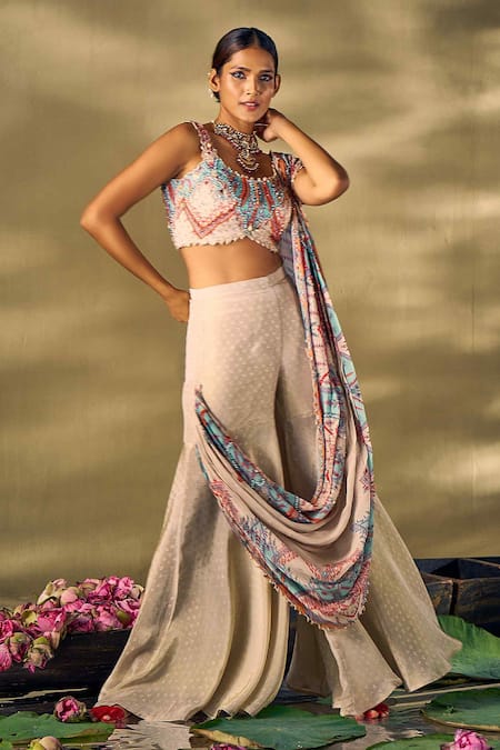 Buy_17:17 By Simmi Saboo_Beige Organza, Silk Sequins, Beads, Pearls Floral Embellished Sharara Saree Set 