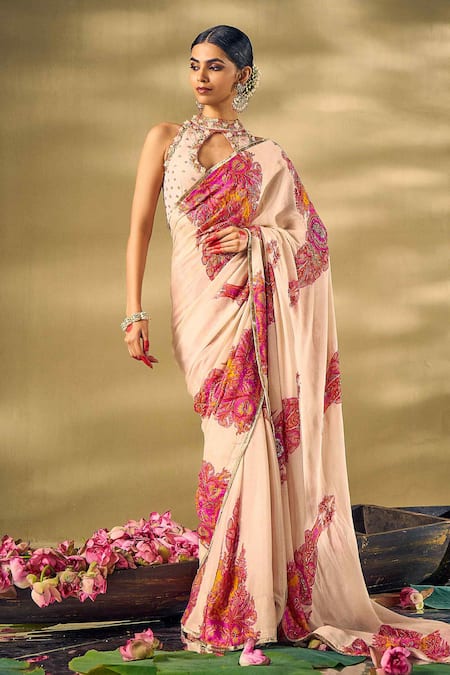 17:17 By Simmi Saboo_Beige Organza Pearls, Sequins, Beads High Floral Printed Embellished Saree Set _Online_at_Aza_Fashions