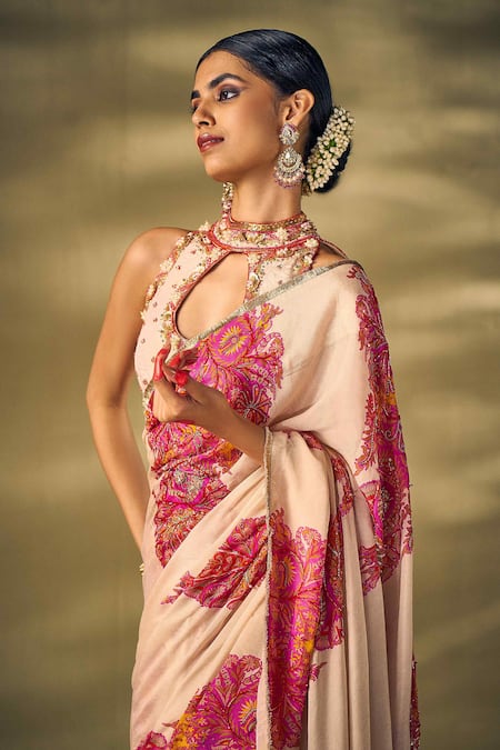Buy_17:17 By Simmi Saboo_Beige Organza Pearls, Sequins, Beads High Floral Printed Embellished Saree Set _Online_at_Aza_Fashions