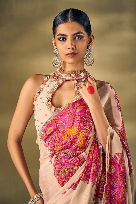Shop_17:17 By Simmi Saboo_Beige Organza Pearls, Sequins, Beads High Floral Printed Embellished Saree Set _Online_at_Aza_Fashions