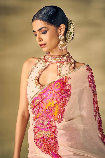 17:17 By Simmi Saboo_Beige Organza Pearls, Sequins, Beads High Floral Printed Embellished Saree Set _at_Aza_Fashions