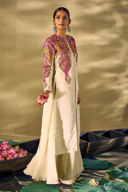 Shop_17:17 By Simmi Saboo_Beige Silk, Cotton Pearls, Sequins, Beads Floral Embellished Jacket Kurta Set _Online_at_Aza_Fashions