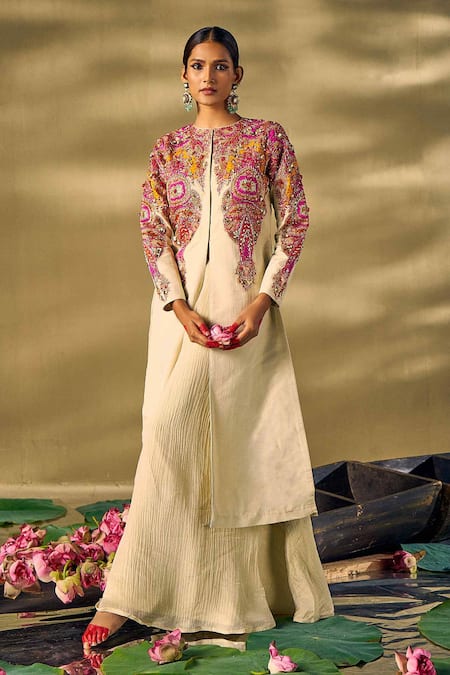 17:17 By Simmi Saboo_Beige Silk, Cotton Pearls, Sequins, Beads Floral Embellished Jacket Kurta Set _at_Aza_Fashions
