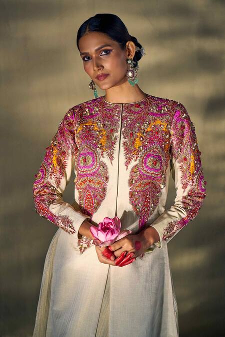 Buy_17:17 By Simmi Saboo_Beige Silk, Cotton Pearls, Sequins, Beads Floral Embellished Jacket Kurta Set 