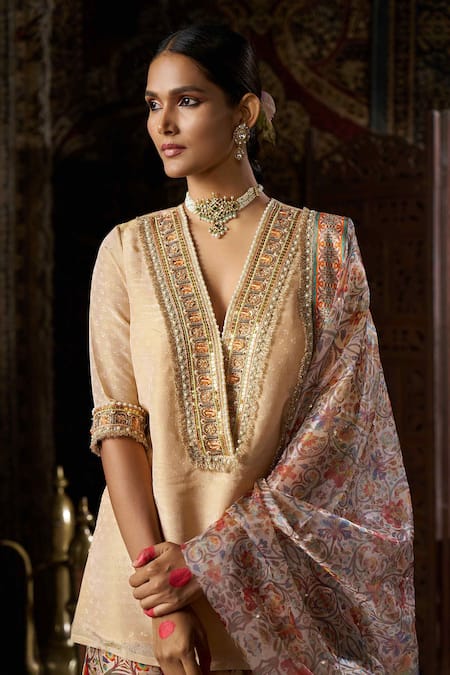 17:17 By Simmi Saboo_Beige Silk, Organza Pearls, Sequins, Gota Patti Floral Embroidered Kurta Set _at_Aza_Fashions