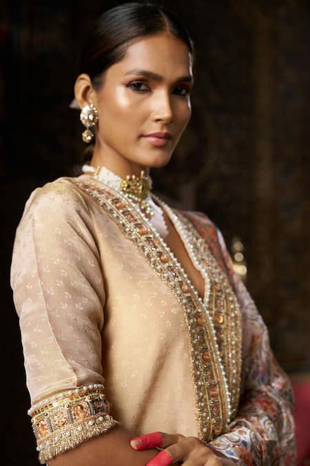 Buy_17:17 By Simmi Saboo_Beige Silk, Organza Pearls, Sequins, Gota Patti Floral Embroidered Kurta Set 