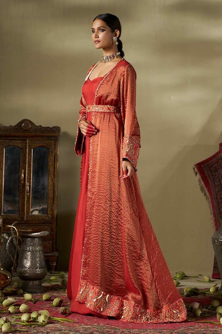 17:17 By Simmi Saboo_Orange Stripe Shimmer Embroidered Sequin Jacket Open. Jumpsuit And Set _Online_at_Aza_Fashions