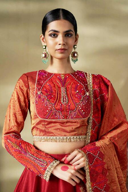 17:17 By Simmi Saboo_Orange Silk, Chanderi Silk, Cotton Embroidery, Sequins, Pearls, Gota Lehenga Set _Online_at_Aza_Fashions