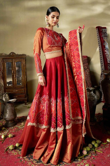 Buy_17:17 By Simmi Saboo_Orange Silk, Chanderi Silk, Cotton Embroidery, Sequins, Pearls, Gota Lehenga Set _Online_at_Aza_Fashions